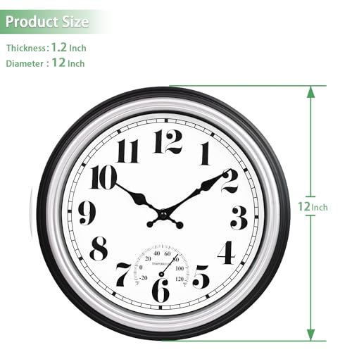 45MinST 12 Inch Indoor/Outdoor Retro Round Waterproof Wall Clock with Thermometer, Silent Non Ticking Battery Operated Quality Quartz Wall Clock Home/Patio Decor(Silver F) - Image 3