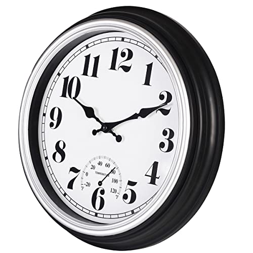 45MinST 12 Inch Indoor/Outdoor Retro Round Waterproof Wall Clock with Thermometer, Silent Non Ticking Battery Operated Quality Quartz Wall Clock Home/Patio Decor(Silver F) - Image 2
