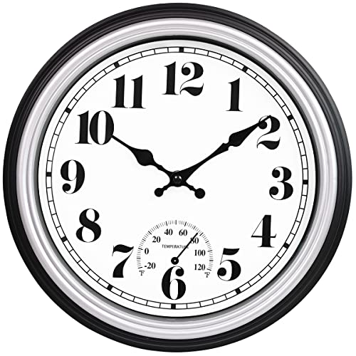 45MinST 12 Inch Indoor/Outdoor Retro Round Waterproof Wall Clock with Thermometer, Silent Non Ticking Battery Operated Quality Quartz Wall Clock Home/Patio Decor(Silver F) - Image 1