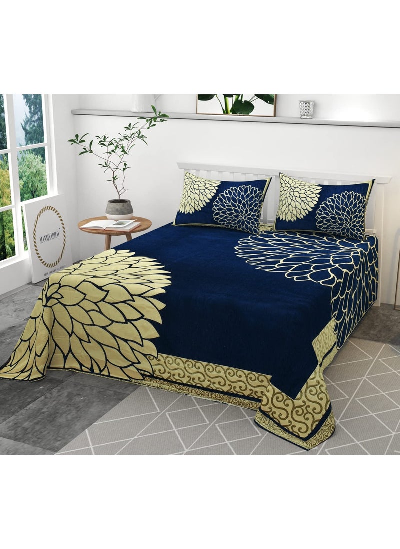MANMNABHAV MANMNABHAV Shaneel Fabric King Size 500 TC Corner Flower Pattern Double Bed Bedcover Blue Color with 2 Pillow Covers  - Image 1