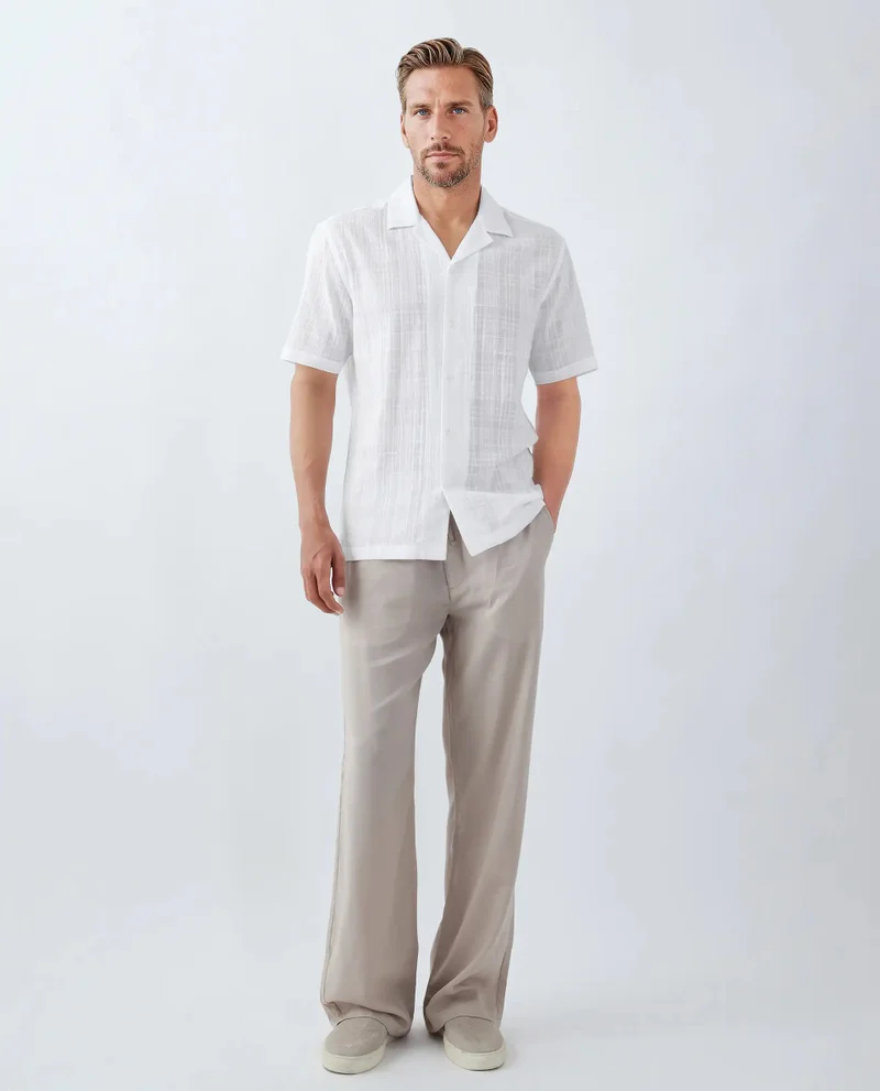 Rare Rabbit Rare Rabbit Men's Dara White Cotton Fabric Half Sleeve Cuban Collar Button Closure Boxy Fit Checked Shirt