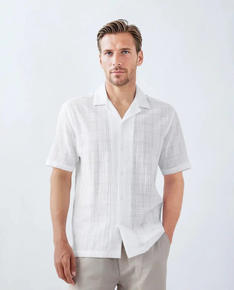 Rare Rabbit Rare Rabbit Men's Dara White Cotton Fabric Half Sleeve Cuban Collar Button Closure Boxy Fit Checked Shirt