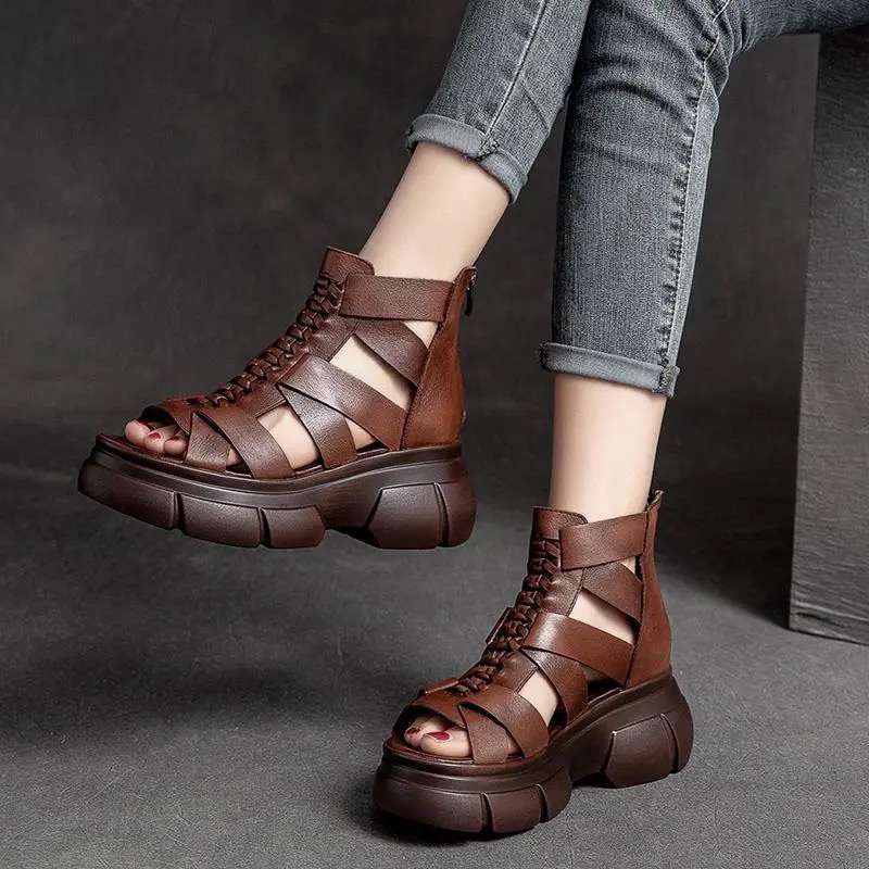 Real Soft Leather Platform Bottom Retro Roman Cool Boots Womens Hollow Thin High-top Ankle Boots 2025 New Spring and Summer Shoes and Boots Dark brown - Image 1