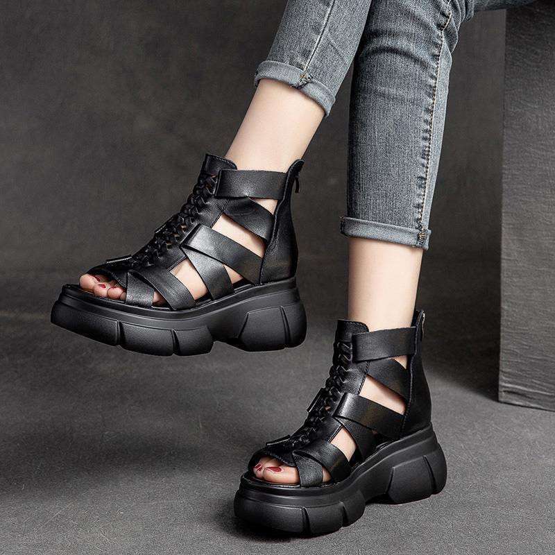 Real Soft Leather Platform Bottom Retro Roman Cool Boots Womens Hollow Thin High-top Ankle Boots 2025 New Spring and Summer Shoes and Boots Dark brown - Image 2