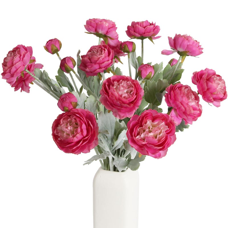IPOPU Hot Pink Flowers Fake Peonies Artificial Ranunculus Flowers 6pcs 18Heads Hot Pink Silk Flowers 20.47" for Faux Floral Arrangements Wedding Bouquets Home Table Decor (Hot Pink) - Image 1