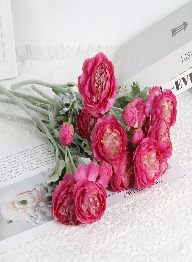 IPOPU Hot Pink Flowers Fake Peonies Artificial Ranunculus Flowers 6pcs 18Heads Hot Pink Silk Flowers 20.47" for Faux Floral Arrangements Wedding Bouquets Home Table Decor (Hot Pink) - Image 2