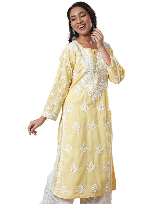 Ada Women Cotton Regular Hand Embroidered Lucknowi Chikankari Kurta Kurti Tunic A411696 Yellow (3XL) - Image 1