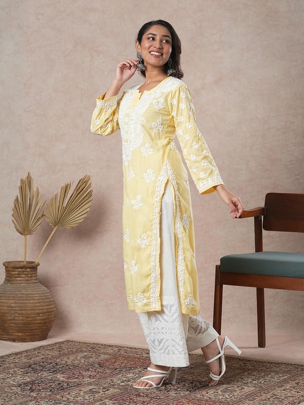 Ada Women Cotton Regular Hand Embroidered Lucknowi Chikankari Kurta Kurti Tunic A411696 Yellow (3XL) - Image 4