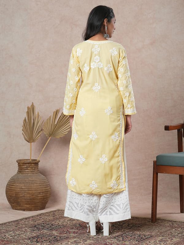Ada Women Cotton Regular Hand Embroidered Lucknowi Chikankari Kurta Kurti Tunic A411696 Yellow (3XL) - Image 2