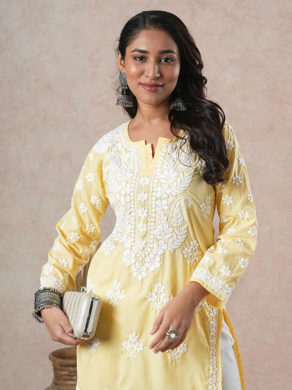 Ada Women Cotton Regular Hand Embroidered Lucknowi Chikankari Kurta Kurti Tunic A411696 Yellow (3XL) - Image 5