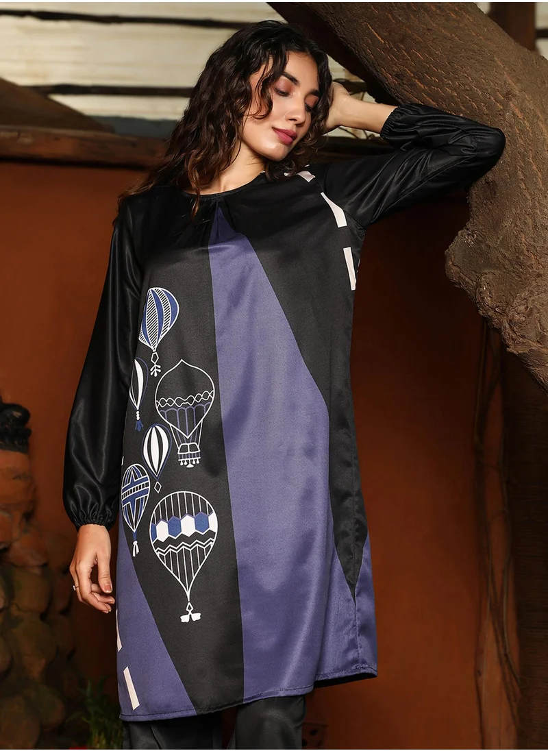 QISSA Women's Ash Grey & Obsidian Black Buoyant Block Kurta Set