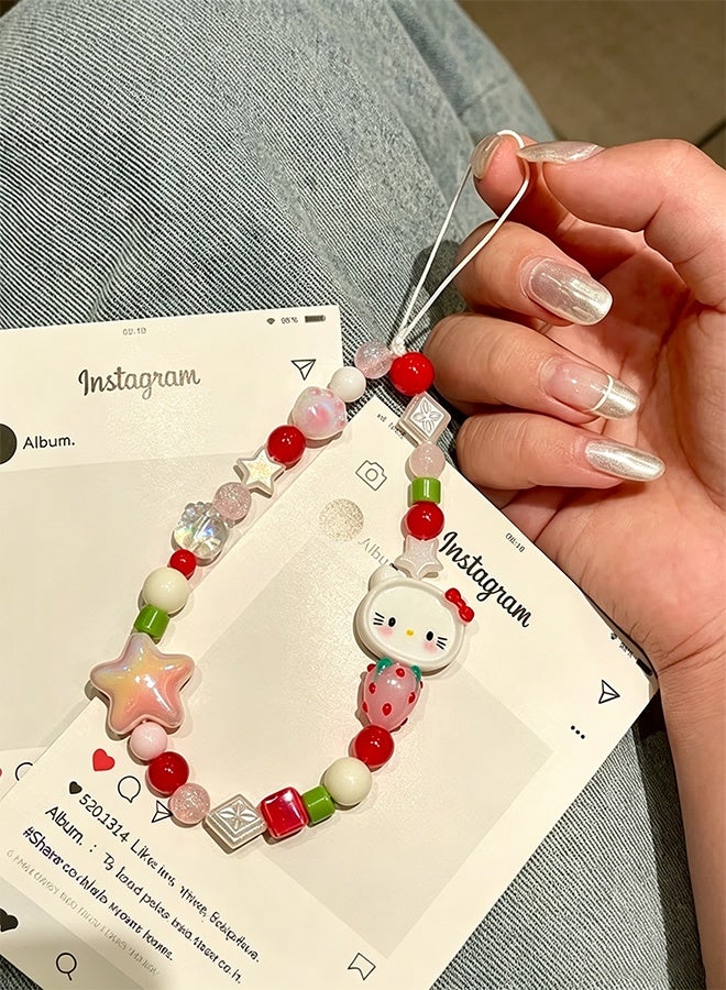 Hello Kitty 3-piece mobile phone charm, Hello Kitty beaded mobile phone charm, cute lanyard, suitable for camera keychain, wallet pendant decoration - Image 3