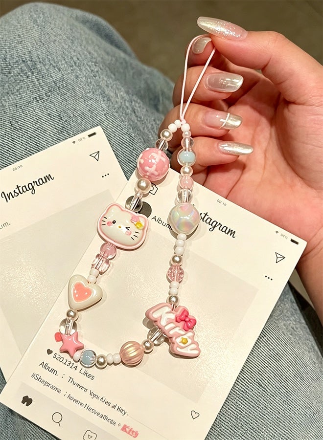 Hello Kitty 3-piece mobile phone charm, Hello Kitty beaded mobile phone charm, cute lanyard, suitable for camera keychain, wallet pendant decoration - Image 5