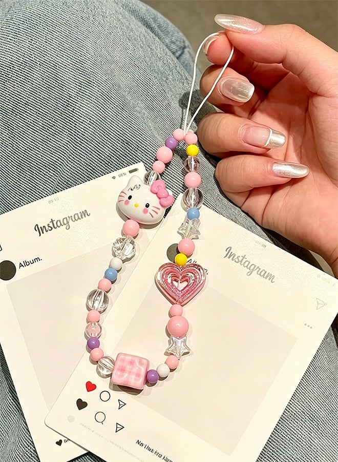 Hello Kitty 3-piece mobile phone charm, Hello Kitty beaded mobile phone charm, cute lanyard, suitable for camera keychain, wallet pendant decoration - Image 4