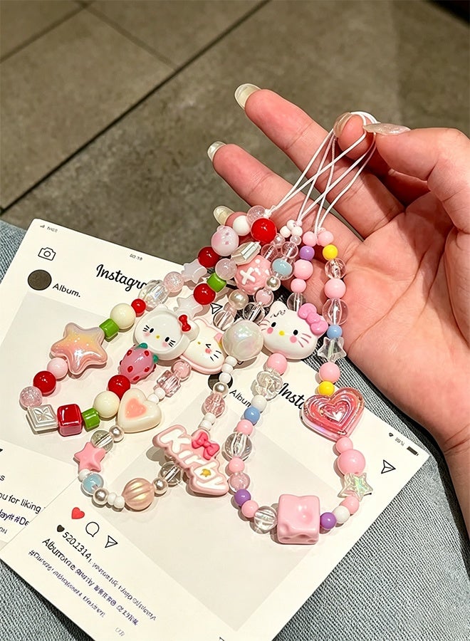 Hello Kitty 3-piece mobile phone charm, Hello Kitty beaded mobile phone charm, cute lanyard, suitable for camera keychain, wallet pendant decoration - Image 2