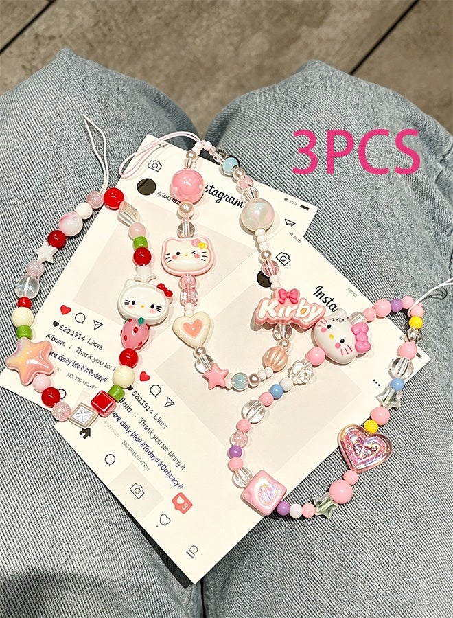 Hello Kitty 3-piece mobile phone charm, Hello Kitty beaded mobile phone charm, cute lanyard, suitable for camera keychain, wallet pendant decoration - Image 1