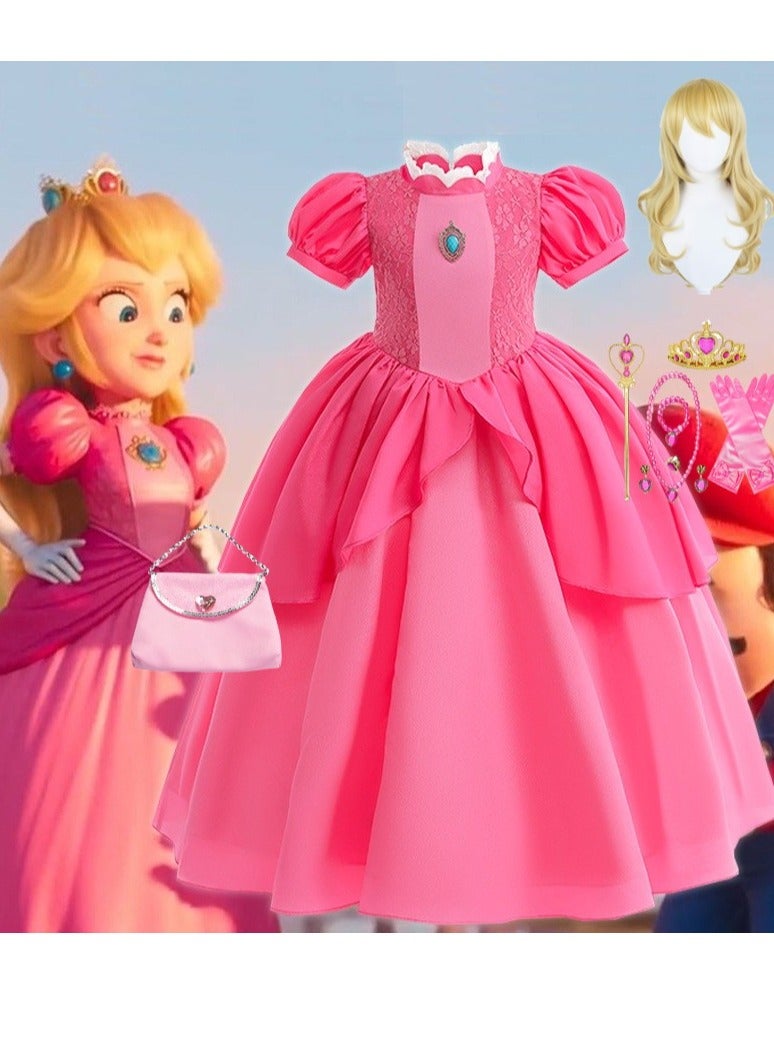 SISGL Girls Dress Costume For Kids Girls Princess Pink Dress Up With Accessories For Cosplay Party Prince Peach Costume Dress Outfits Crown Earrings Set Ideal Gift For Birthday  - Image 1