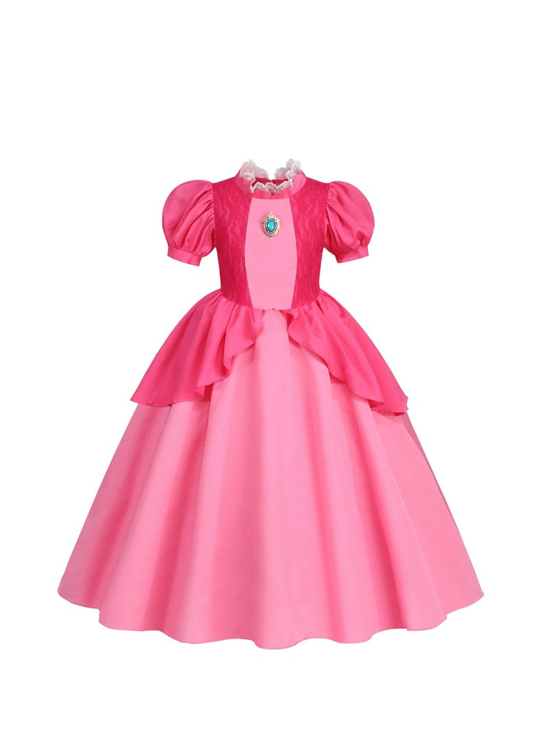 SISGL Girls Dress Costume For Kids Girls Princess Pink Dress Up With Accessories For Cosplay Party Prince Peach Costume Dress Outfits Crown Earrings Set Ideal Gift For Birthday  - Image 5