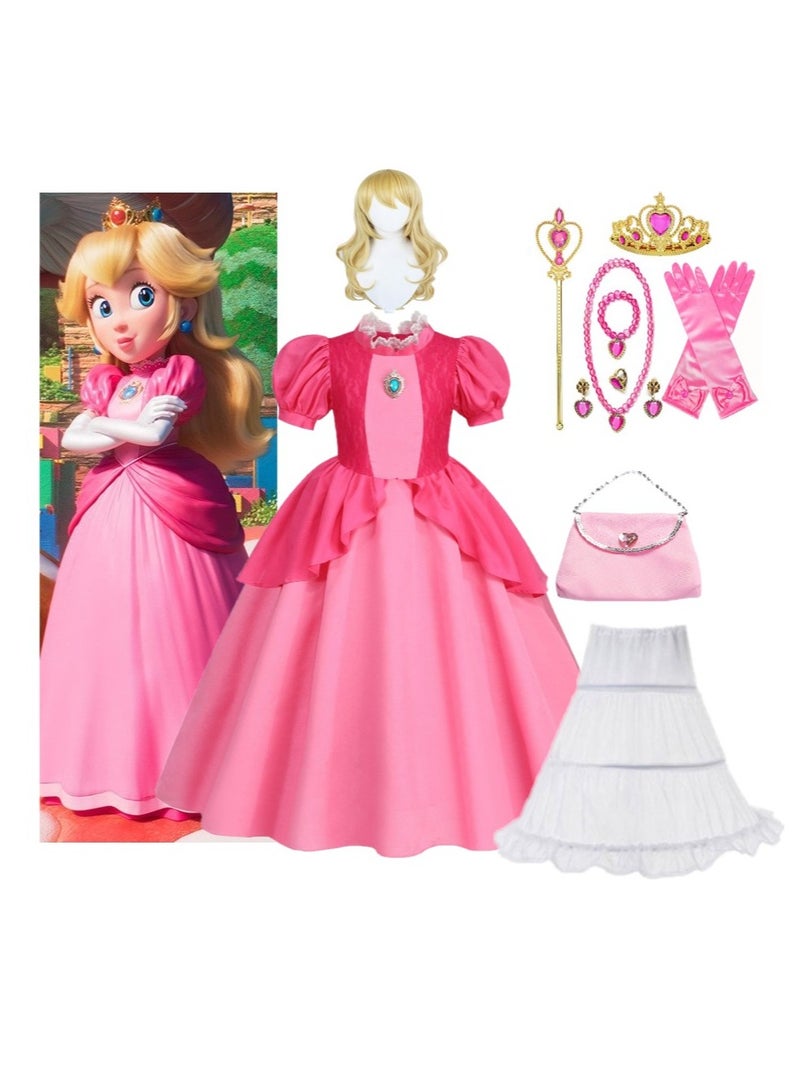 SISGL Girls Dress Costume For Kids Girls Princess Pink Dress Up With Accessories For Cosplay Party Prince Peach Costume Dress Outfits Crown Earrings Set Ideal Gift For Birthday - Image 1