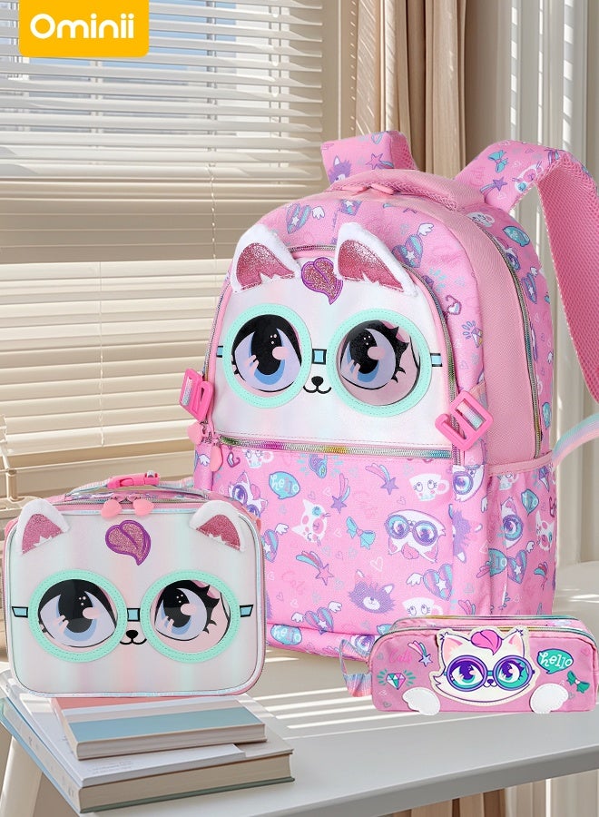 Ominii 3PCS Girls’ School Backpack Set – Connectable Insulated Lunch Bag, Breathable Supportive Backpack & Matching Pencil Case, Premium Pink Cat Design – Back to School Choice for Ages 4–14  - Image 1