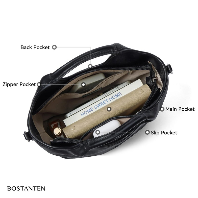 BOSTANTEN Vegan Leather Purses for Women Soft Top Handle Satchel Crossbody Zipper Handbag Detachable Strap Black - Image 5