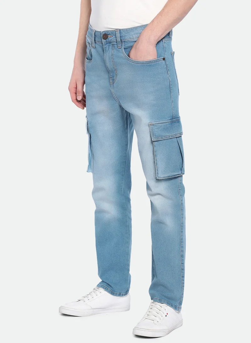 Dennis Lingo Men's Mid Blue Denim Solid Pattern Full Length Straight Fit Jeans