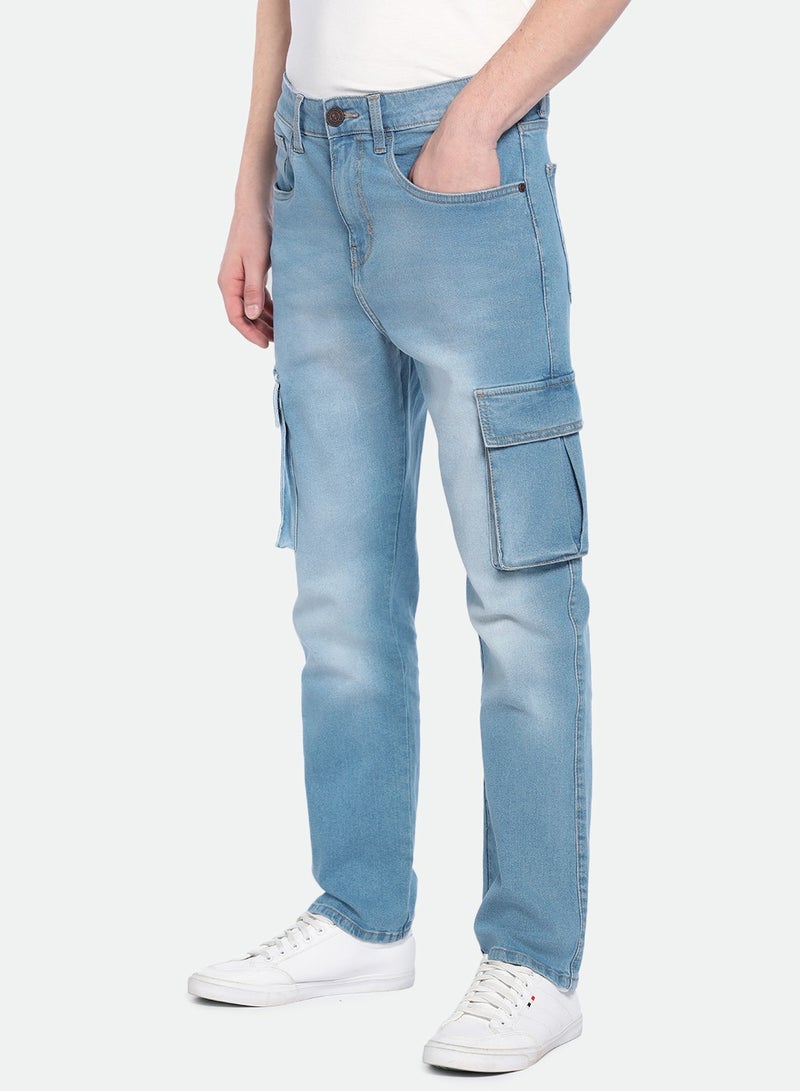 Dennis Lingo Men's Mid Blue Denim Solid Pattern Full Length Straight Fit Jeans  - Image 3