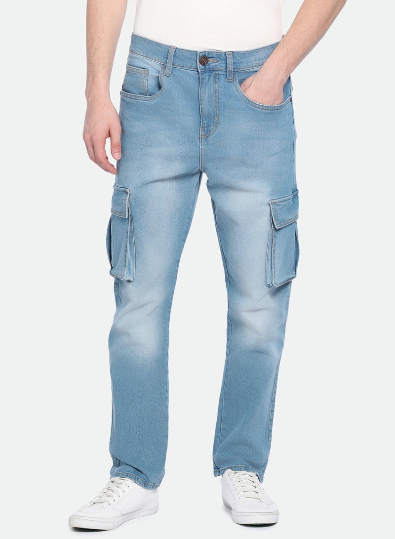 Dennis Lingo Men's Mid Blue Denim Solid Pattern Full Length Straight Fit Jeans  - Image 2