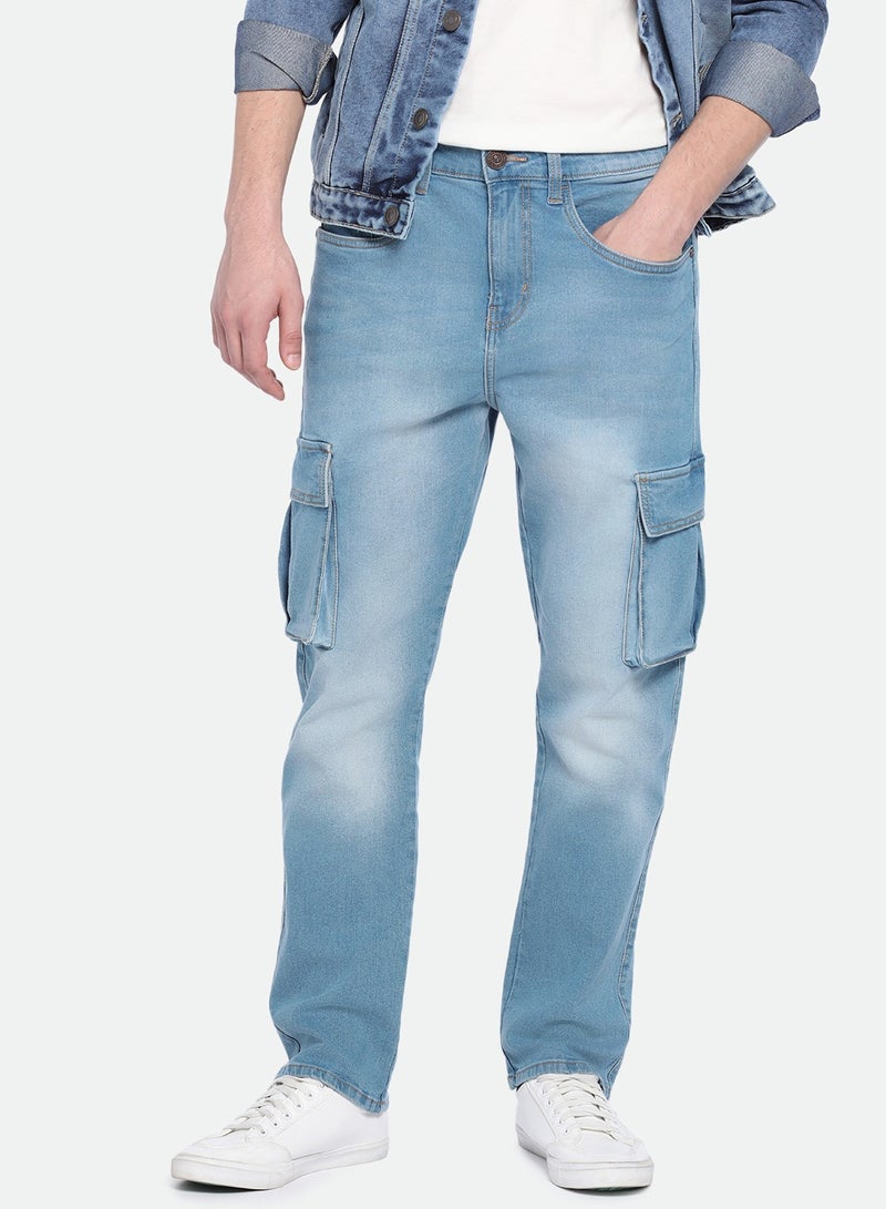 Dennis Lingo Men's Mid Blue Denim Solid Pattern Full Length Straight Fit Jeans  - Image 1