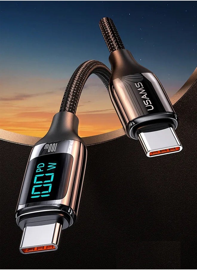 Usams - Type-C To Type-C 100W Digital Display PD Fast Charging & Data Cable Zinc Alloy Plug Braided Cord For Iphone/Ipad/Macbook 1.2 Meter - Image 1