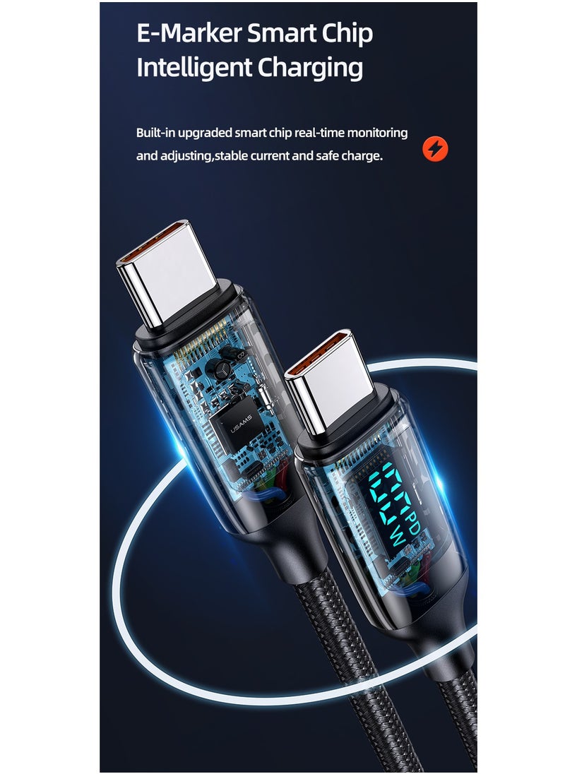 Usams - Type-C To Type-C 100W Digital Display PD Fast Charging & Data Cable Zinc Alloy Plug Braided Cord For Iphone/Ipad/Macbook 1.2 Meter - Image 1