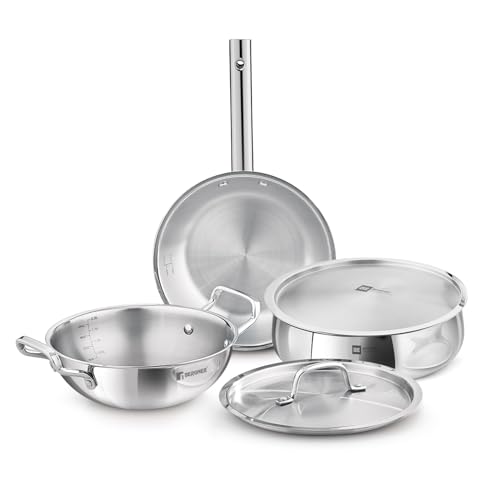 Bergner Tripro BE Essentials 5 Pcs Triply Cookware Set - 24cm Kadai with Lid, 22cm Frypan and 24cm (4.4L) Biryani Handi with Lid, Less Oil Use, Healthy Cooking - Induction and Gas Stove Ready - Image 2