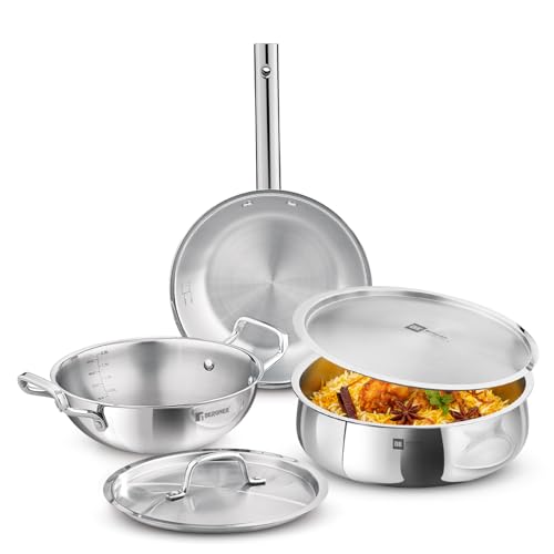 Bergner Tripro BE Essentials 5 Pcs Triply Cookware Set - 24cm Kadai with Lid, 22cm Frypan and 24cm (4.4L) Biryani Handi with Lid, Less Oil Use, Healthy Cooking - Induction and Gas Stove Ready - Image 1