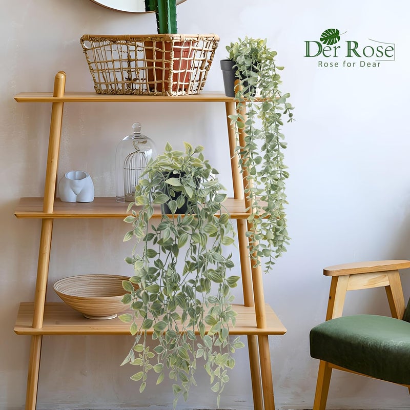 Der Rose 2Pcs Fake Plants Hanging Artificial Decor Faux Potted Eucalyptus and Pea Pod Plants for Boho Bathroom Home Office Desk Wall Shelf Bookcase Accessories Decor Indoor - Image 2