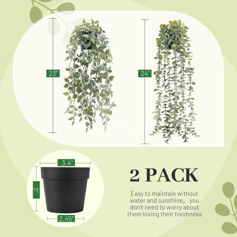 Der Rose 2Pcs Fake Plants Hanging Artificial Decor Faux Potted Eucalyptus and Pea Pod Plants for Boho Bathroom Home Office Desk Wall Shelf Bookcase Accessories Decor Indoor - Image 3