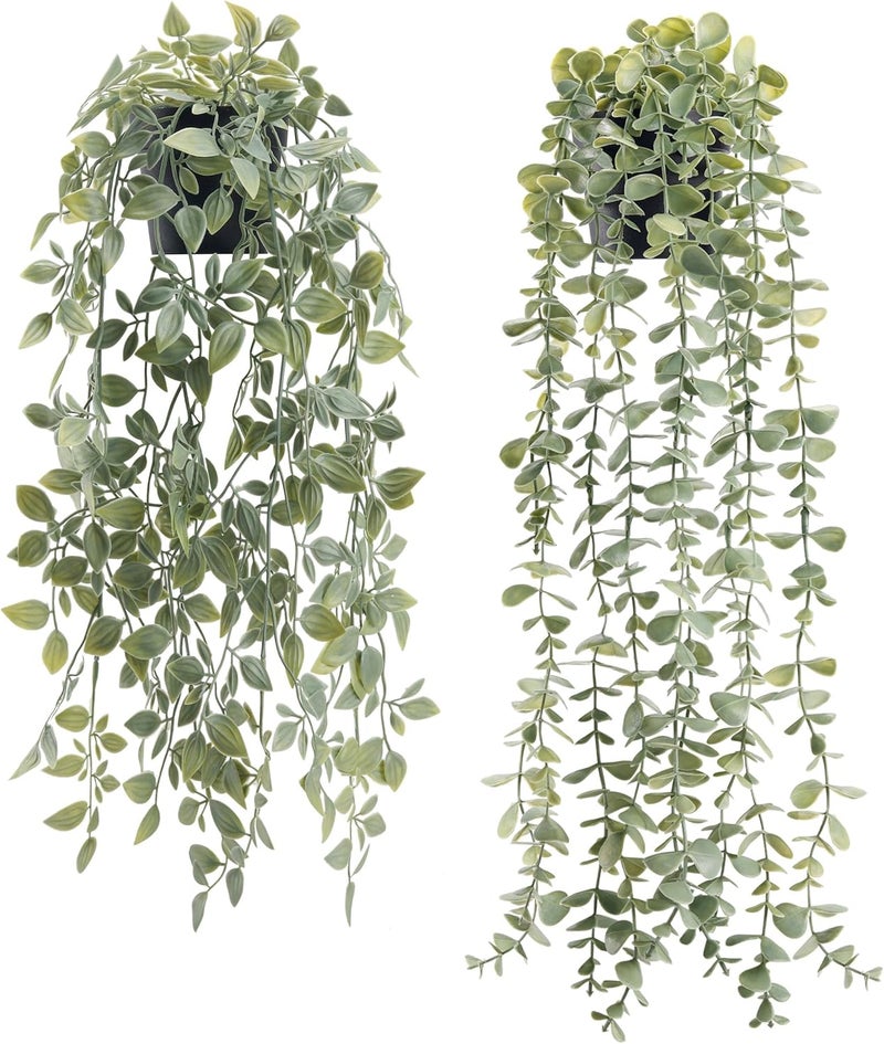 Der Rose 2Pcs Fake Plants Hanging Artificial Decor Faux Potted Eucalyptus and Pea Pod Plants for Boho Bathroom Home Office Desk Wall Shelf Bookcase Accessories Decor Indoor - Image 1