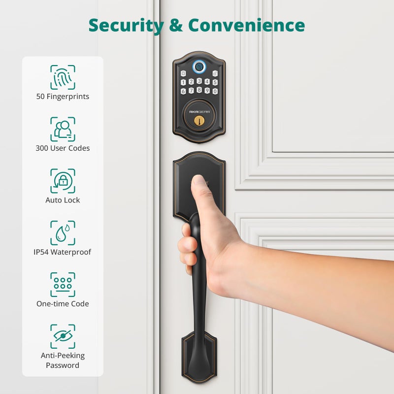 AkaGear DS10 Pro Keyless Entry Door Lock with Handle Set, Smart Front Door Locks Set, Electronic Keypad, Fingerprint Deadbolt, Bluetooth APP Control, Auto-Lock & One Touch Locking, Oil Rubbed Bronze - Image 2