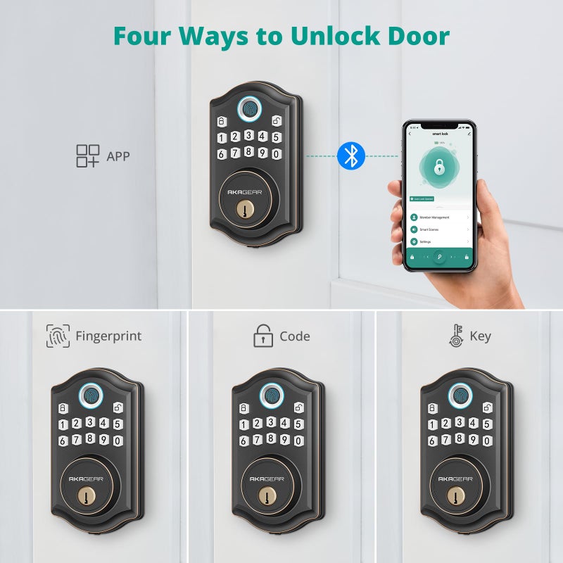 AkaGear DS10 Pro Keyless Entry Door Lock with Handle Set, Smart Front Door Locks Set, Electronic Keypad, Fingerprint Deadbolt, Bluetooth APP Control, Auto-Lock & One Touch Locking, Oil Rubbed Bronze - Image 4