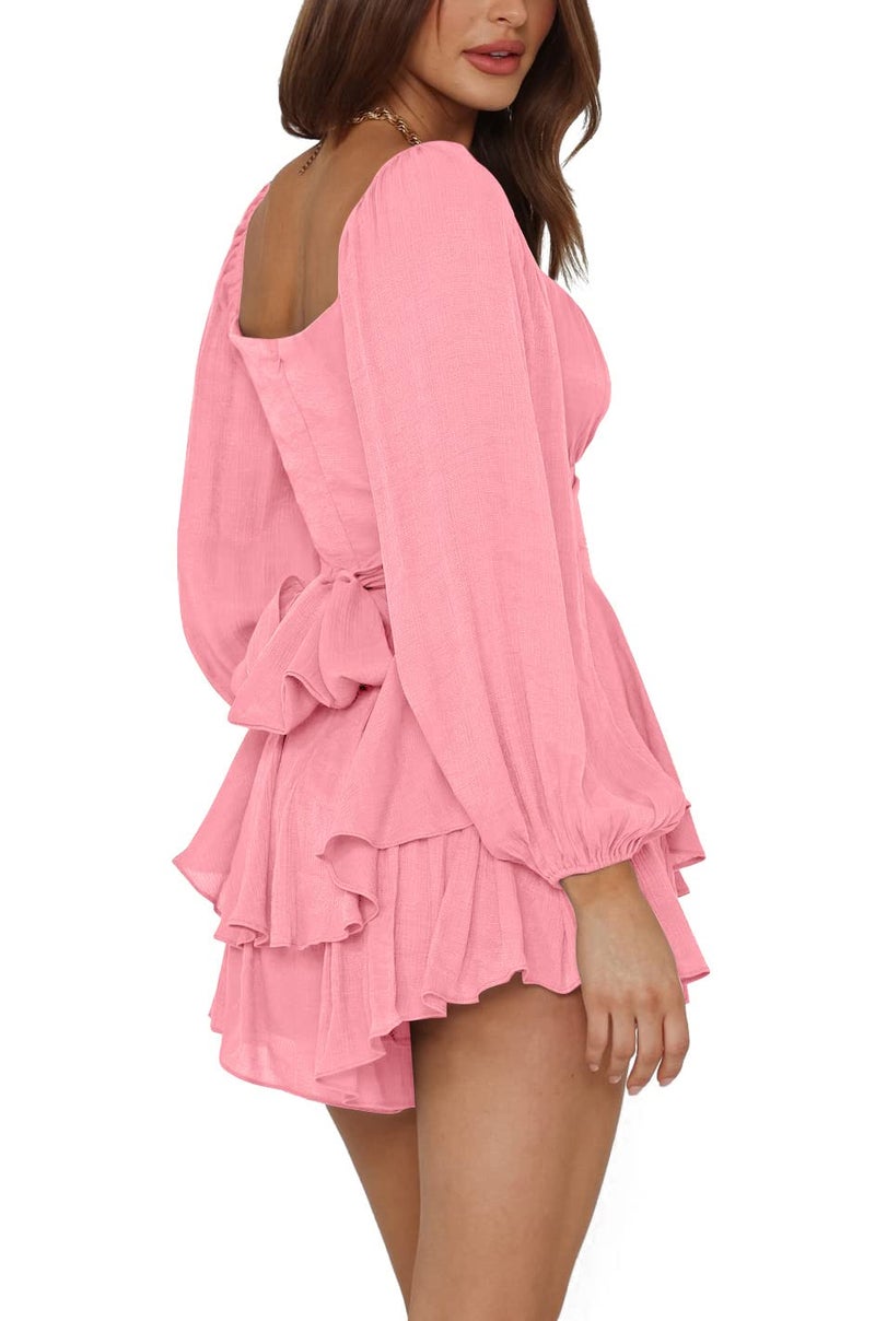 LYANER Women's Jumpsuit Lantern Long Sleeve Ruffle Layer Tie Mini Short Romper Pink Small - Image 3