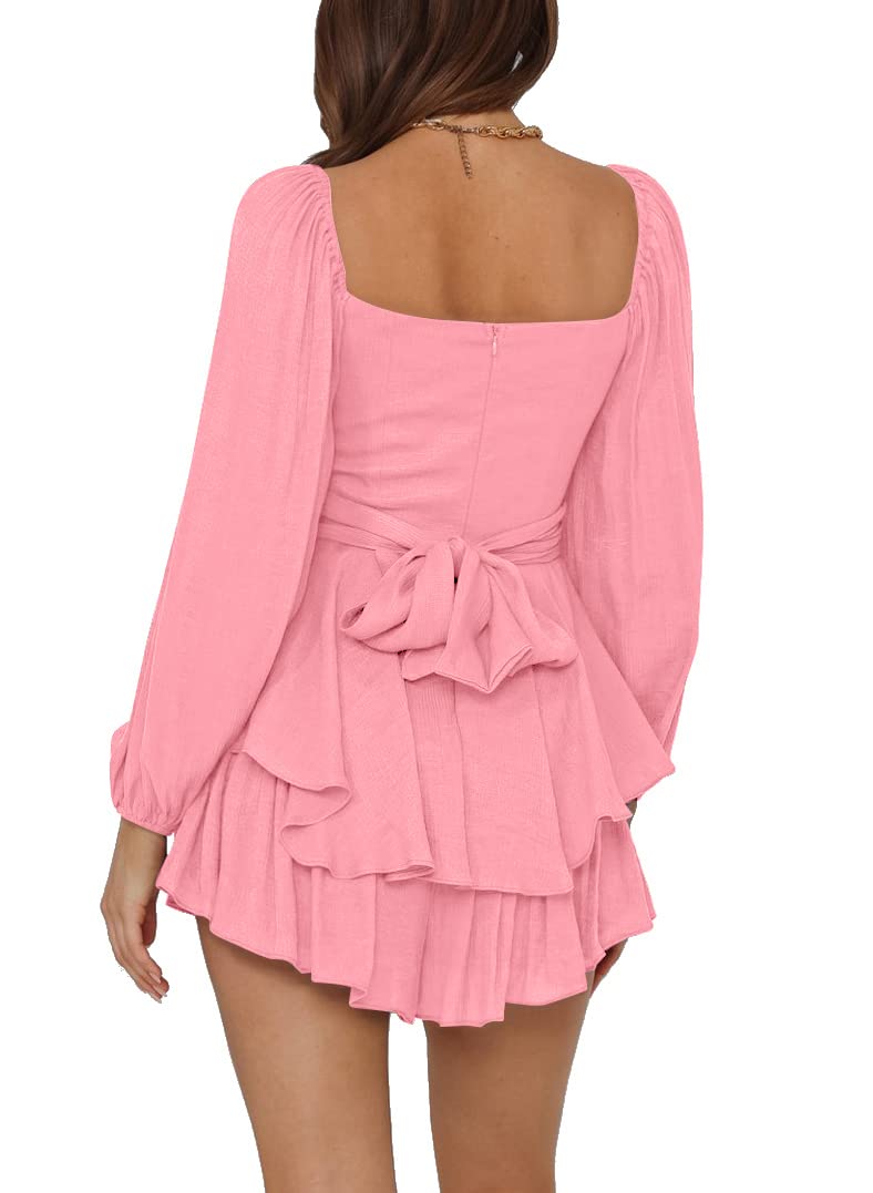 LYANER Women's Jumpsuit Lantern Long Sleeve Ruffle Layer Tie Mini Short Romper Pink Small - Image 2