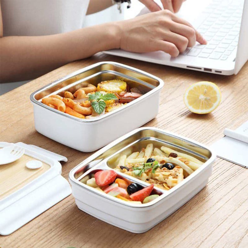 ACHAL Stainless Steel Lunch Box 3 Compartment Insulated Snacks Box with Wooden Style lid Spoon Tiffin Box for Boys Girls School Office Men WomenMulticolor - Image 2