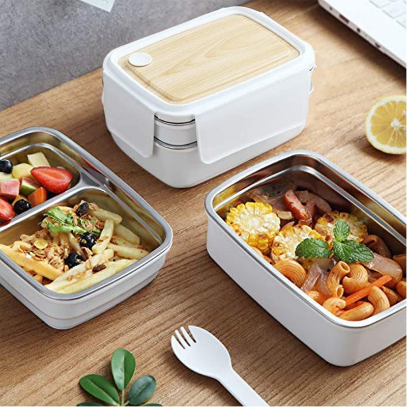 ACHAL Stainless Steel Lunch Box 3 Compartment Insulated Snacks Box with Wooden Style lid Spoon Tiffin Box for Boys Girls School Office Men WomenMulticolor - Image 3
