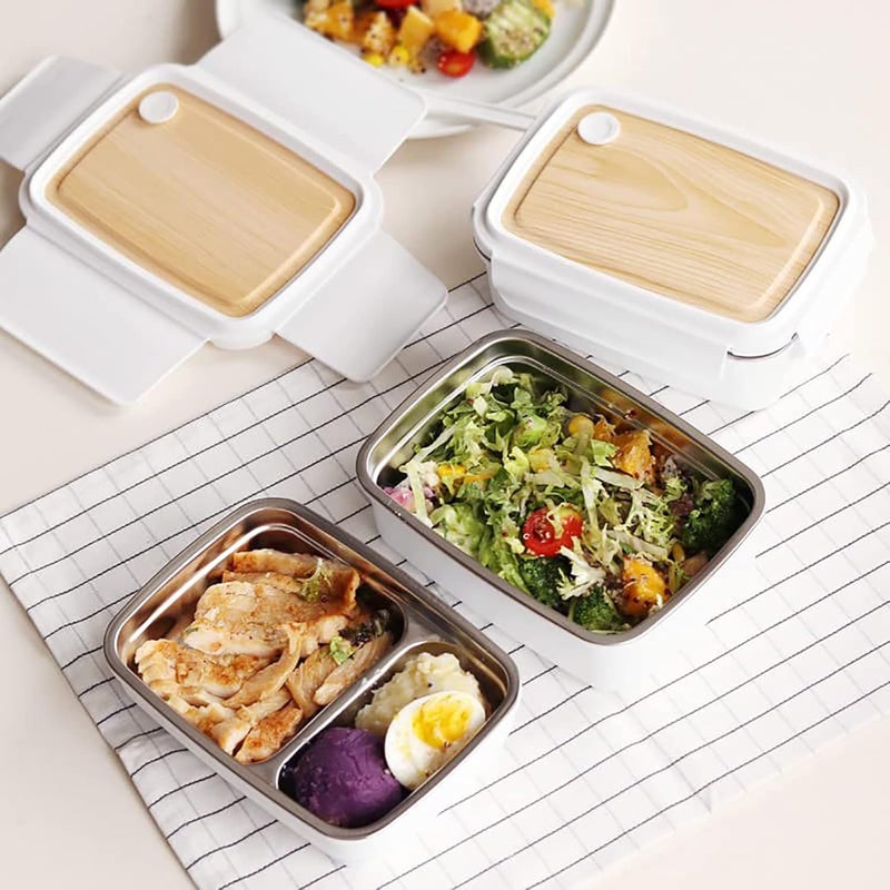 ACHAL Stainless Steel Lunch Box 3 Compartment Insulated Snacks Box with Wooden Style lid Spoon Tiffin Box for Boys Girls School Office Men WomenMulticolor - Image 5