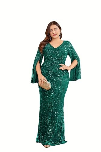 XUIBOL Plus Size Long Glitter Mermaid Dress for Mother of The Bride Women's Long Sleeve V-Neck Sequin Formal Gown Emerald Green 18 - Image 1