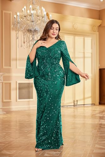 XUIBOL Plus Size Long Glitter Mermaid Dress for Mother of The Bride Women's Long Sleeve V-Neck Sequin Formal Gown Emerald Green 18 - Image 5