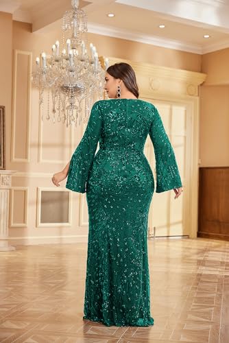 XUIBOL Plus Size Long Glitter Mermaid Dress for Mother of The Bride Women's Long Sleeve V-Neck Sequin Formal Gown Emerald Green 18 - Image 2