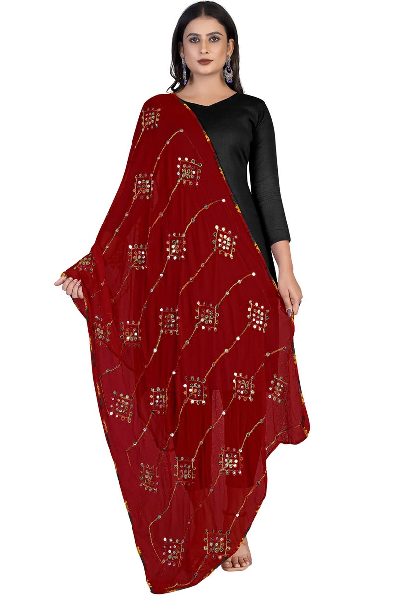 KEMZA Women's Embroidered Mirror Work Chiffon Dupatta (Maroon_Free size) - Image 1