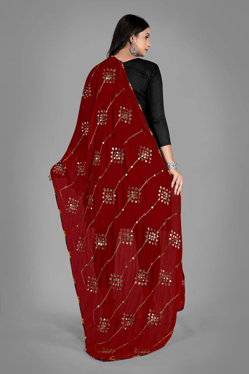KEMZA Women's Embroidered Mirror Work Chiffon Dupatta (Maroon_Free size) - Image 4