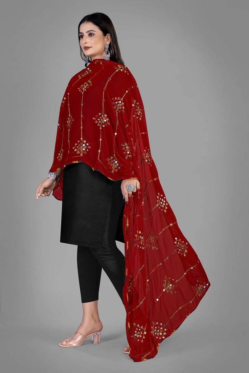 KEMZA Women's Embroidered Mirror Work Chiffon Dupatta (Maroon_Free size) - Image 2
