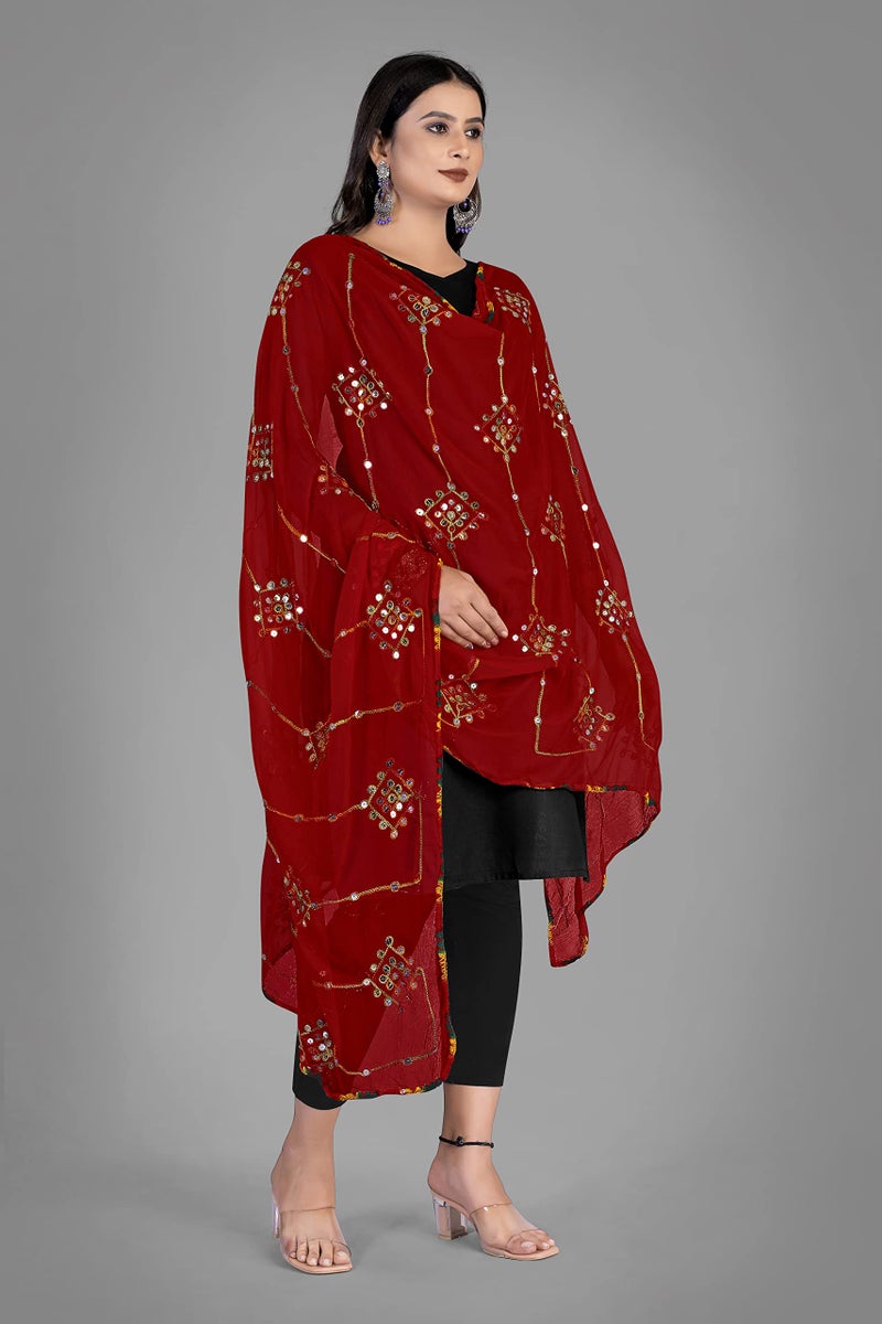 KEMZA Women's Embroidered Mirror Work Chiffon Dupatta (Maroon_Free size) - Image 3